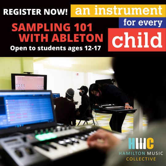 Register now: Sampling 101 with Ableton. Open to students ages 12-17. HMC logo.
